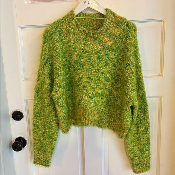 NWT free people stardust pullover lemon lime green yellow fuzzy mock sweater - Picture 3 of 7